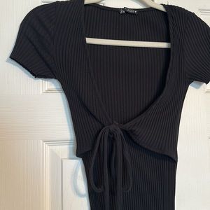 Zara Short sleeved black ribbed bodycon dress with tie front. Size S.